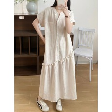 批发韩国chic风 V领<b class='q'>短袖</b>拼接不规则荷叶边下摆<b class='q'>连衣裙</b>