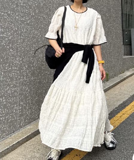 한국 chic 여름 달콤함 품격 라운드 넥 패치워크 색상 디자인 루즈핏 연령 감소 롱 코트 거품 소매 여성 드레스