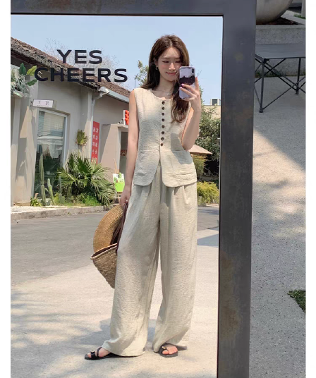 한 부서 chic 품격 싱글 줄 버튼 베스트 캐주얼 긴 바지 세트 여성 2026 여름 느슨함 고급 센스 투피스 세트