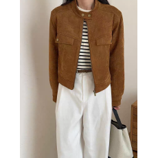 批发卡其色麂皮绒短款外套女春季2026<b class='q'>新款</b>小个子复古立领拉链机车<b class='q'>夹克</b>