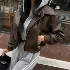 批发26秋<b class='q'>冬</b> 韩国chic假两件连帽皮衣外套女复古宽松pu皮机车夹克