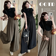 批发实拍 夏季新款孕妇阔腿<b class='q'>拉链</b>设计背带裤＋冰丝打底上衣两件套