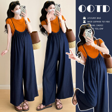 批发实拍夏装新款洋气宽松时尚天丝冰爽<b class='q'>背带裤</b>+纯棉百搭T孕妇套套