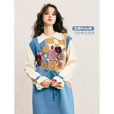 批发孕妇冬新款减龄时尚好看小清新立体花束毛巾绣拼色毛衣裙<b class='q'>连衣裙</b>