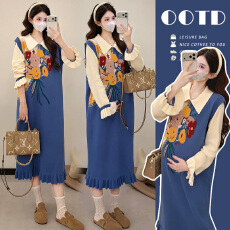 实拍现 孕妇冬新款减龄时尚好看小清新立拼色毛衣裙连衣裙