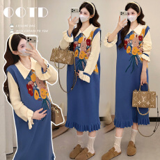 实拍现 孕妇冬新款减龄时尚好看小清新立拼色毛衣裙连衣裙