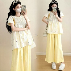 批发实拍 <b class='q'>夏季</b>宽松韩系显白娃娃衫上衣+阔腿裤孕妈两件套套装