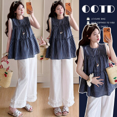 批发实拍现孕妇新款格纹背心衬衫独特绝美小飞袖木耳边上衣阔腿裤套装