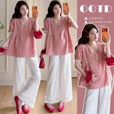 批发实拍现~孕妇夏装套装2026新款甜美格子V领爱心上衣+阔腿<b class='q'>裤</b><b class='q'>两件套</b>