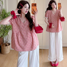 批发实拍现~实拍 夏季新品韩版爱心上衣+木耳边阔腿<b class='q'>裤</b><b class='q'>套装</b>