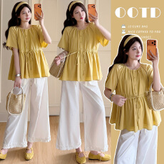 批发实拍现~新款孕妇夏季季圆领腰间抽绳衬衫+阔腿<b class='q'>裤</b><b class='q'>两件套</b>套装