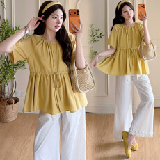 批发实拍现~孕妇夏季新款圆领腰间抽绳衬衫+阔腿<b class='q'>裤</b><b class='q'>两件套</b>套装