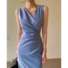 批发有货<b class='q'>韩国</b>chic 法式小众交叉V领褶皱收腰显瘦无袖背心连衣裙