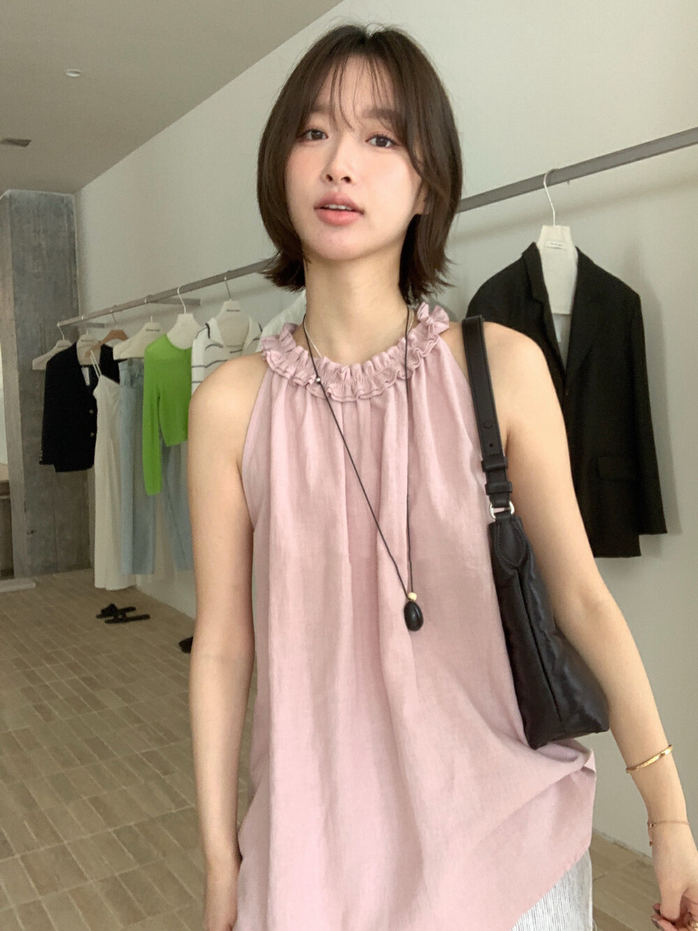 재고 있음 조끼 셔츠 한 부서 디자인 센스 Chic 품격 라운드 넥 민소매 맨위