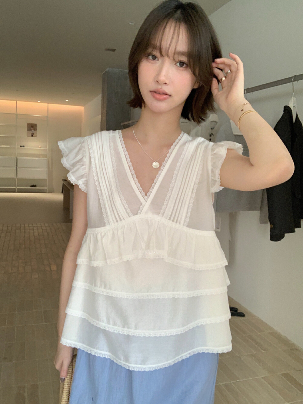 재고 있음 한국 스타일 품격 다용도 무거운 작업 요정 프릴 Feifei 소매 셔츠