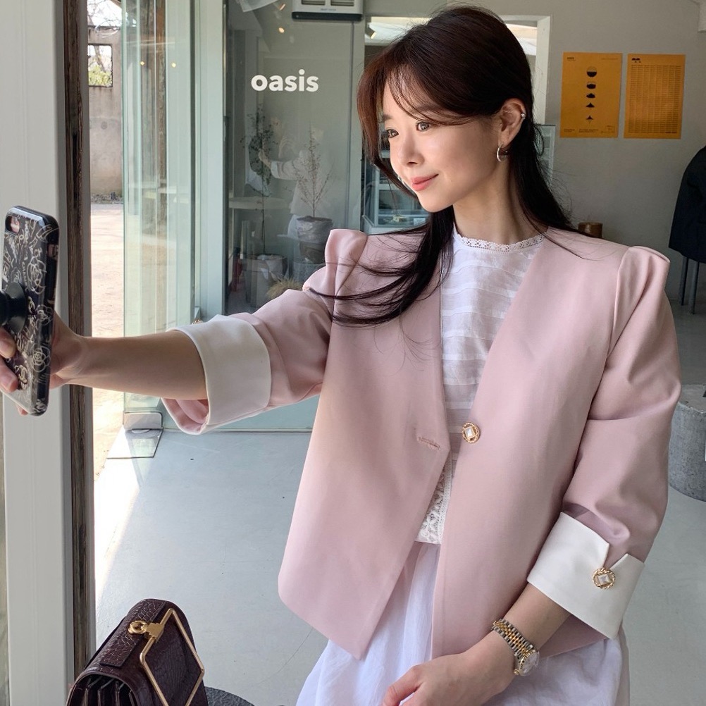 FA33841# 韩国chic百搭款气质撞色西装珍珠扣外套 服裝批發女裝批發服飾貨源