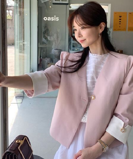 재고 있음 한국 chic 다용도 섹션 품격 배색 정장 진주 버클 재킷