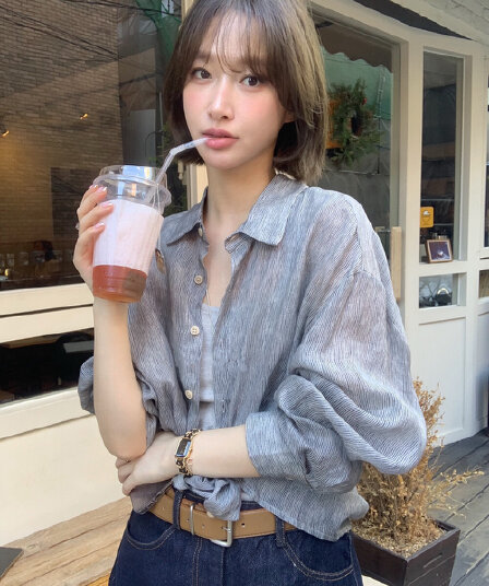 재고 있음 한국 스타일 가을 레트로 품격 다용도 폴로 칼라 스트라이프 셔츠