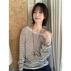 批发韩版气质百搭质感蕾丝边两穿<b class='q'>条纹</b>长袖<b class='q'>T</b><b class='q'>恤</b>