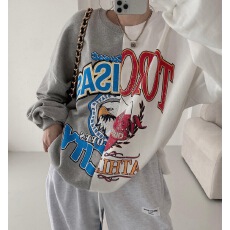 批发有货 <b class='q'>韩国</b>ins 复古百搭气质印花撞色拼接卫衣