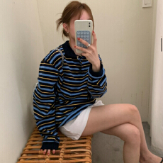 批发有 货韩国chic 小众polo领撞色条纹<b class='q'>T</b><b class='q'>恤</b>美式复古风宽松百搭上衣