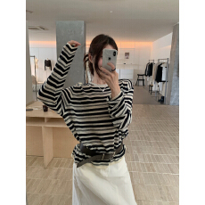 批发有货韩版 条纹针织衫长袖女秋季圆领内搭<b class='q'>打底衫</b>宽松复古慵懒上衣