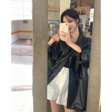 批发有货韩国ins 气质复古百搭宽松机车皮衣外套