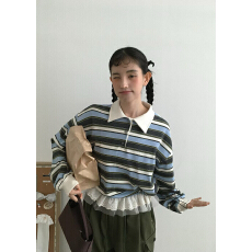 批发有货 时尚气质百搭花边拼接条纹<b class='q'>卫衣</b>