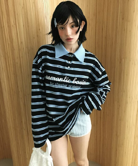 있음 물품 한국 동대문 폴로 칼라 자수 알파벳 스트라이프 풀오버 스웨트셔츠