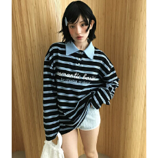 批发有 货 <b class='q'>韩国</b>东大门 翻领刺绣字母条纹套头卫衣