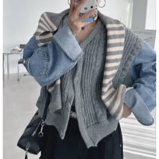 批发有货 撞色<b class='q'>牛仔</b>拼接毛衣<b class='q'>外套</b>