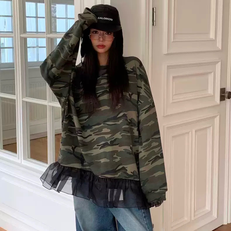 있음 물품 한국 동대문 ~ 중 품격 다용도 라운드 넥 카모플라주 레오파드 무늬 느긋한 루즈핏 후드티