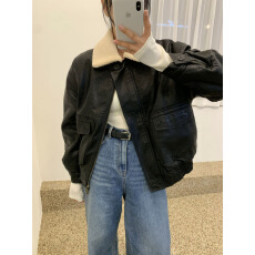 批发韩版翻领加绒加厚保暖港风时尚短款机车服PU皮夹克