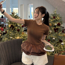 批发韩国ins 百搭高级感圆领拼接蓬蓬<b class='q'>裙摆</b>T恤