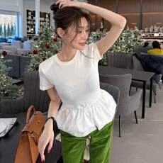 批发韩国ins 百搭高级感圆领拼接蓬蓬裙摆<b class='q'>T</b>恤