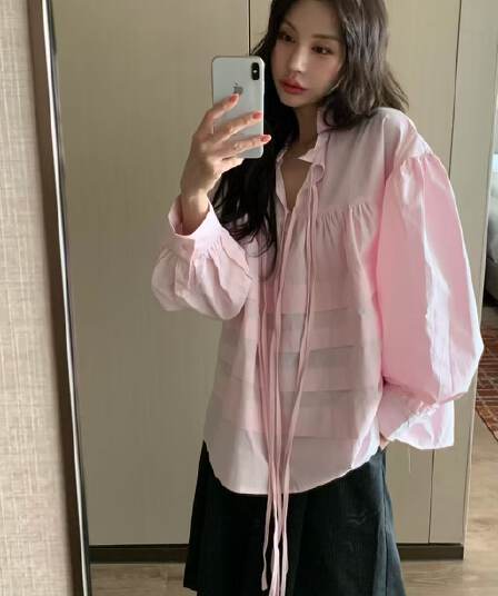 있음 물품 한국 chic 봄 여름 새로운 스탠드 칼라 플리츠 프랑스식 인형 맨위 셔츠