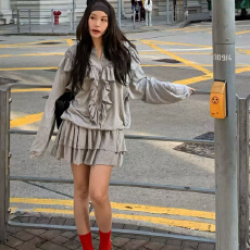 批发春季新款 纯色花边褶皱宽松<b class='q'>连衣裙</b>