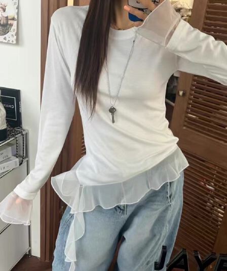 재고 있음 국가 동대문 봄 망사 패치워크 밑단 리본 긴팔 티셔츠