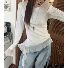 批发韩国东大门 春款<b class='q'>网纱</b>拼接下摆飘带长袖T恤