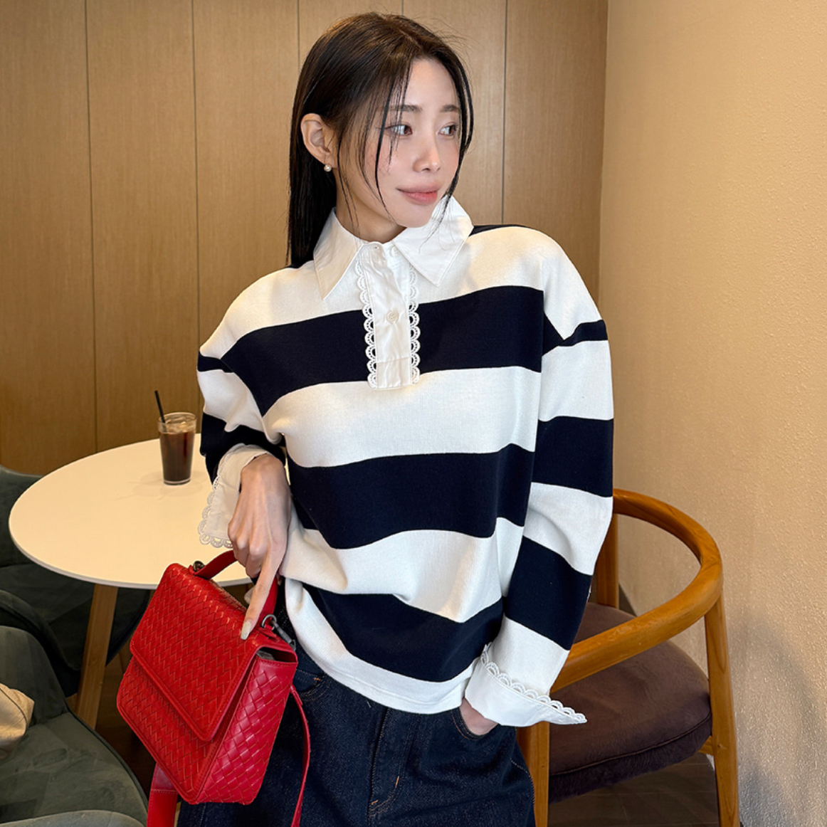 BY35603# 甜美半开襟花边衬衣领拼接宽条纹休闲长袖中长款女T恤 服裝批發女裝批發服飾貨源