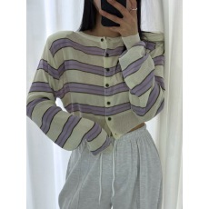 韩国ins 薄款气质百搭小清新撞色条纹女式针织开衫