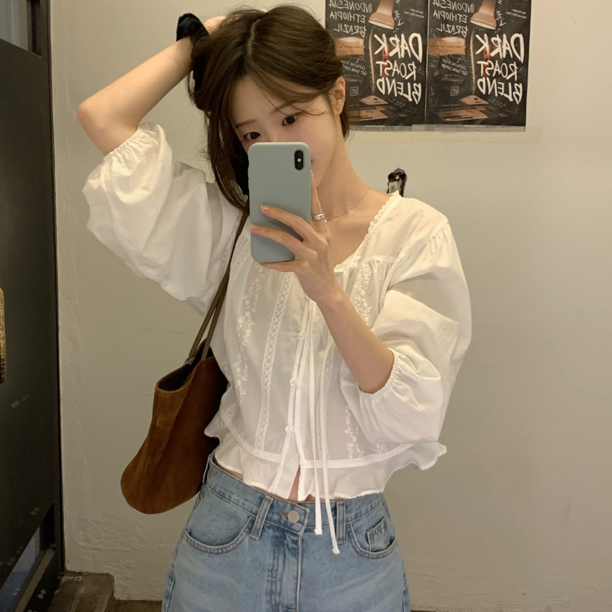 재고 있음 한국 chic 한 부서 달콤함 소녀 자수 홀로우 아웃 레이스업 얇고 가벼운 루즈핏 셔츠