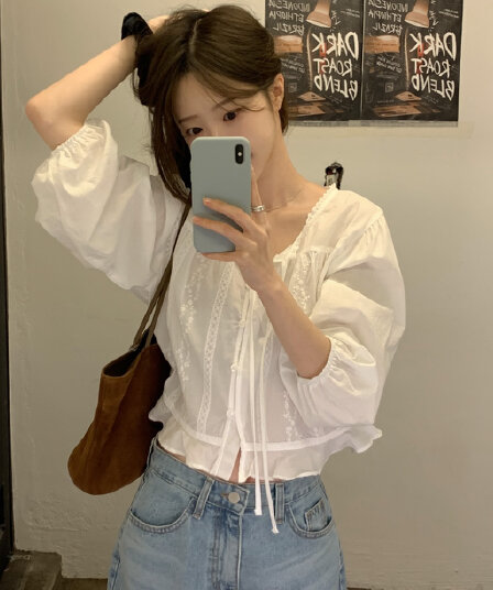 재고 있음 한국 chic 한 부서 달콤함 소녀 자수 홀로우 아웃 레이스업 얇고 가벼운 루즈핏 셔츠
