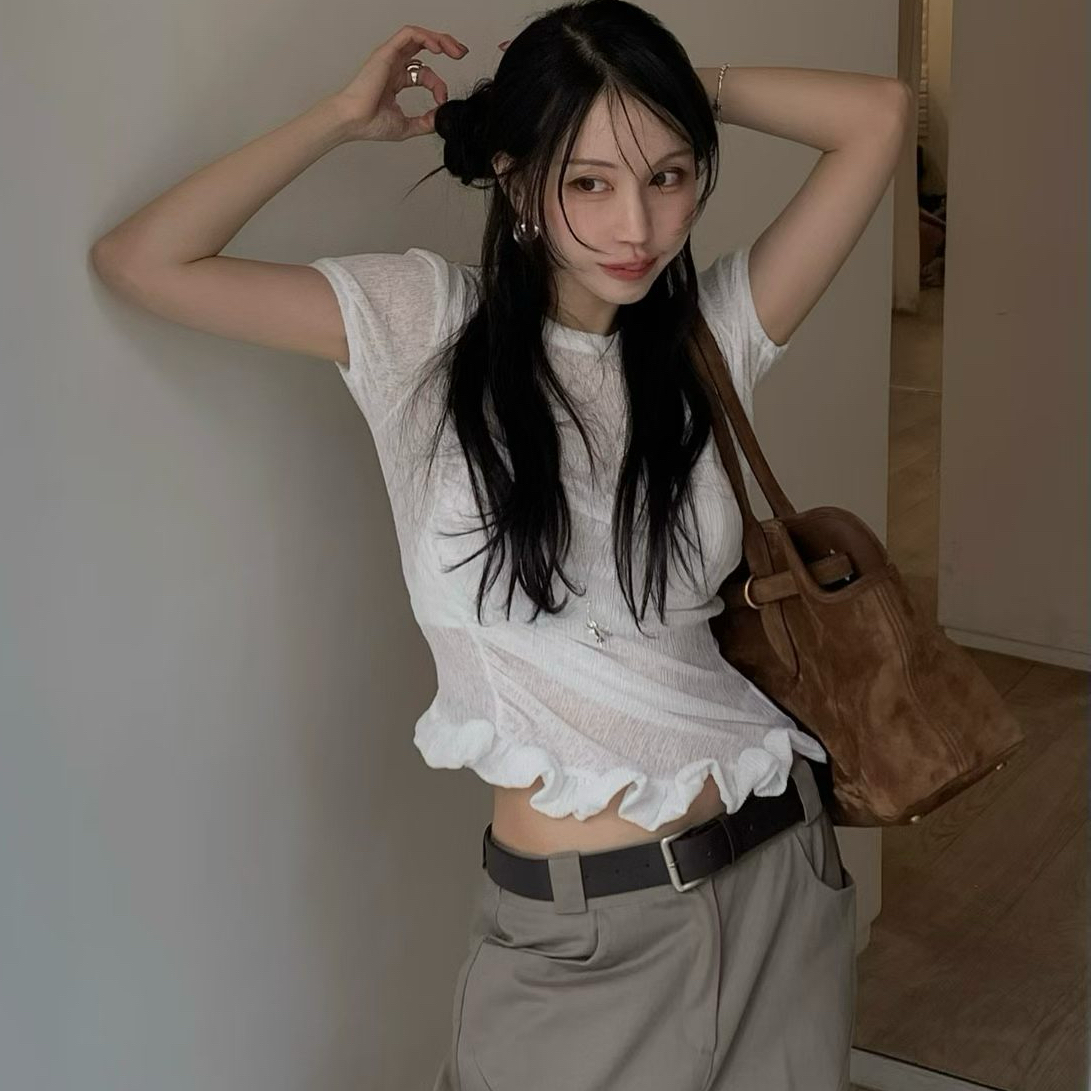 재고 있음 한국 ins 봄 여름 한 부서 다용도 핀치 Pleat 프릴 반팔 티셔츠