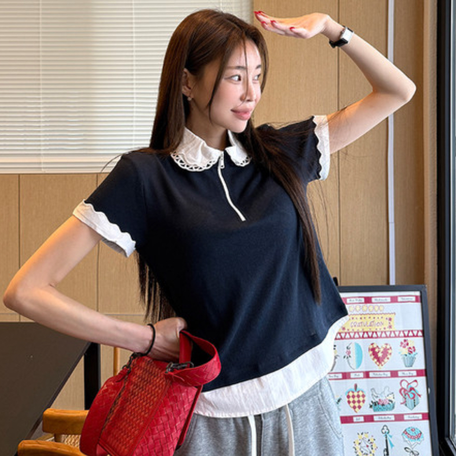 재고 있음 한국 ins 몸매 가꾸기 슬림해 보이는 반팔 티셔츠 여성 봄 여름 새로운 캐주얼 베이비 칼라 맨위