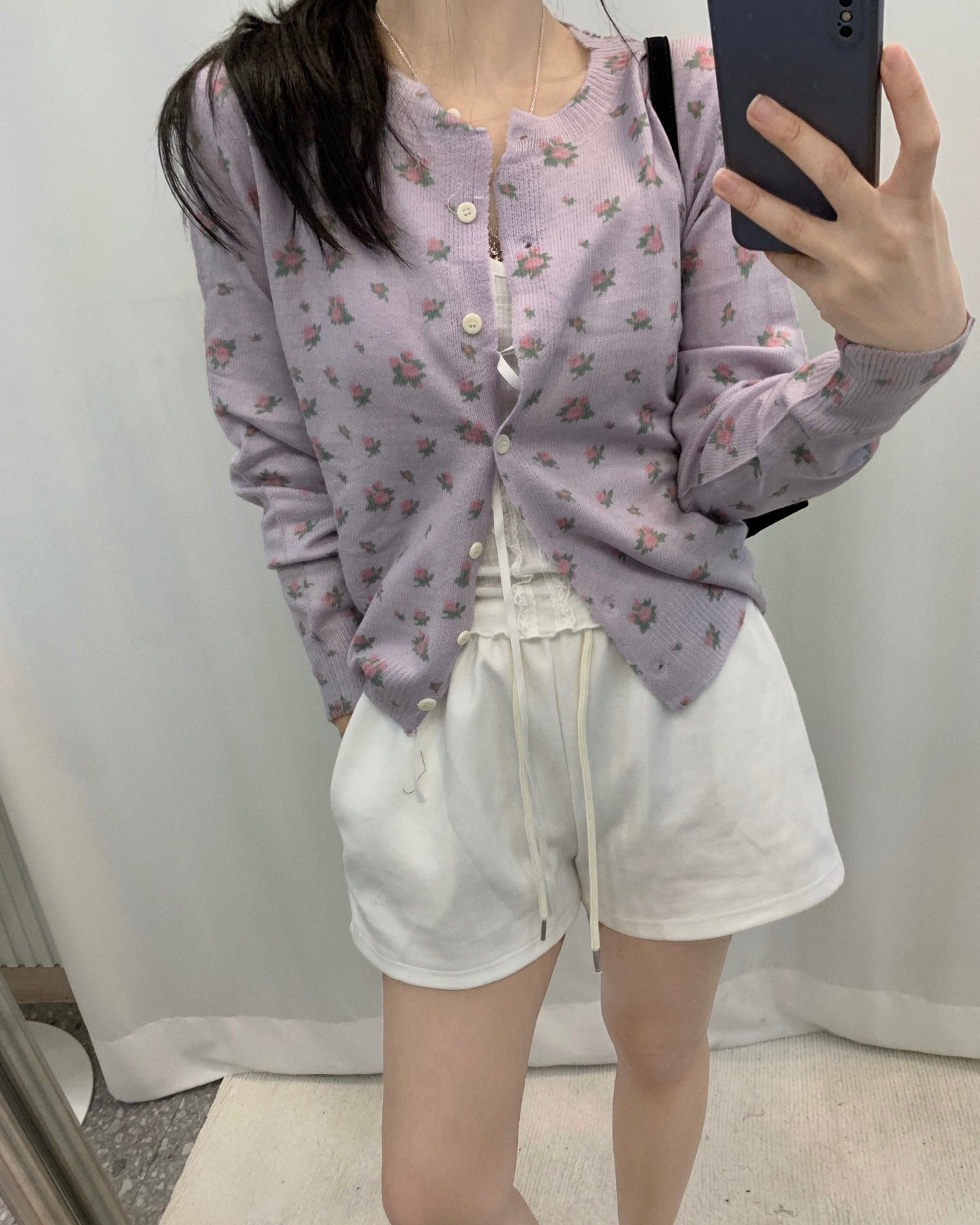 한 부서 달콤함 작은 꽃무늬 라운드 넥 부드러운 찹쌀 니트 오픈 가디건