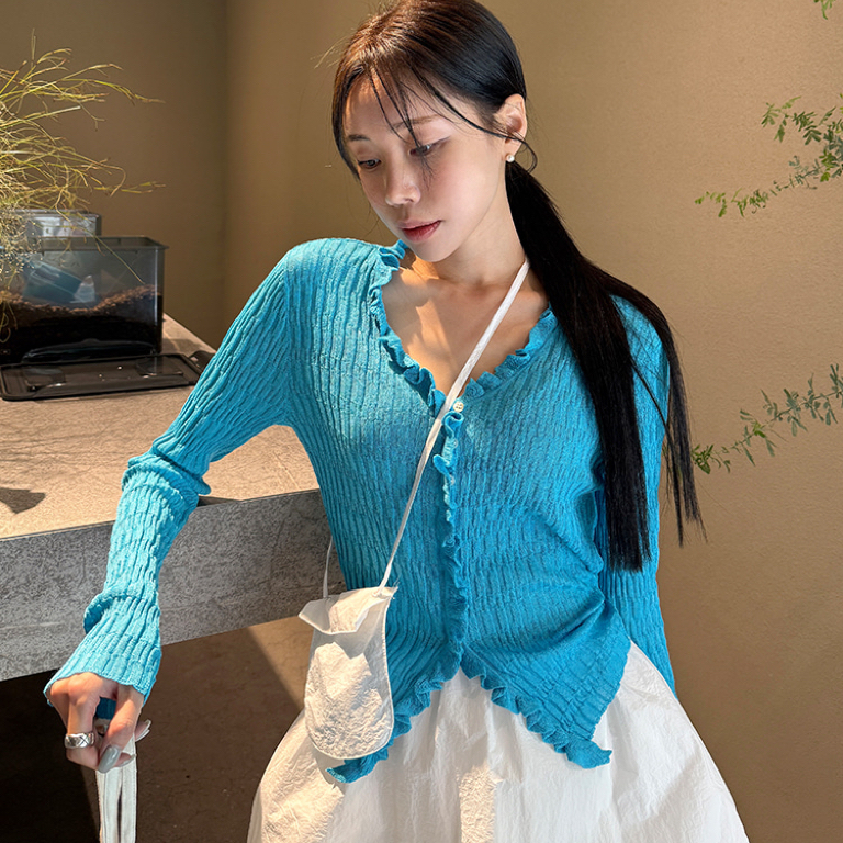 부드러운 바람 맨위 몸매 가꾸기 프릴 니트 오픈 가디건 여성 봄 다용도 외부 가져 가라. 작은 셔츠 에어컨 셔츠