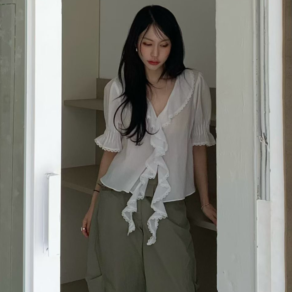 한국 ins 부드러운 다용도 폴로 칼라 프릴 셔츠