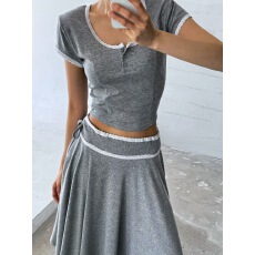 批发时尚气质百搭蕾丝花边拼接短袖T+ 蕾丝花边<b class='q'>不规则</b><b class='q'>半身裙</b>套装