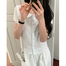 批发韩系复古条纹夏季休闲百搭显瘦小翻领短袖衬衫上衣女